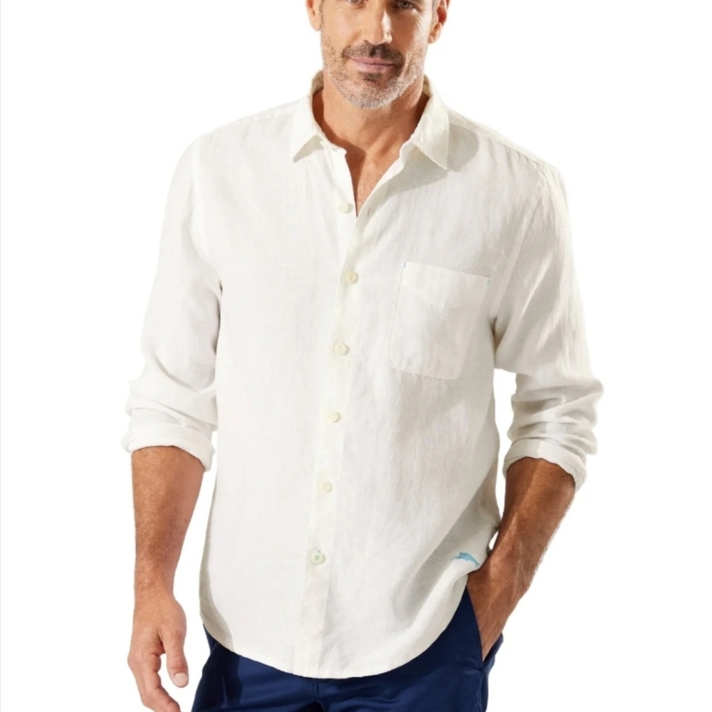 Tommy Bahama Mens Sea Glass Breezer Linen Button Up Shirt  White Beach Travel XL